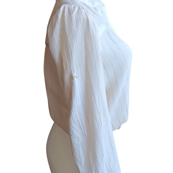 Medium True Vintage Boho Blouse Mandarin Collar Drawstring Hem Roll-Up Byer 70s - Picture 5 of 13